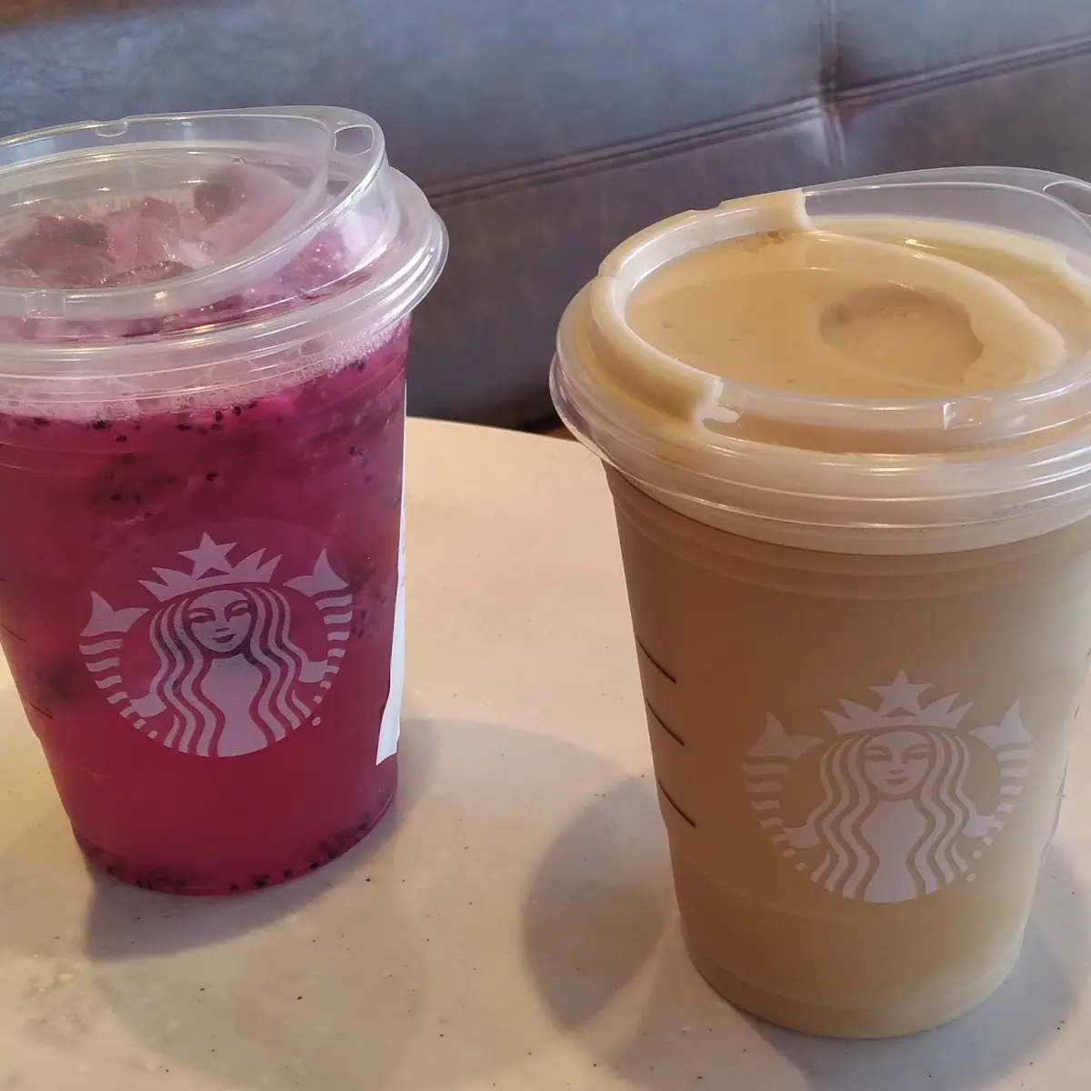 Mango Dragonfruit Lemonade Starbucks Refreshers Beverage and Vanilla Sweet Cream Nitro Cold Brew