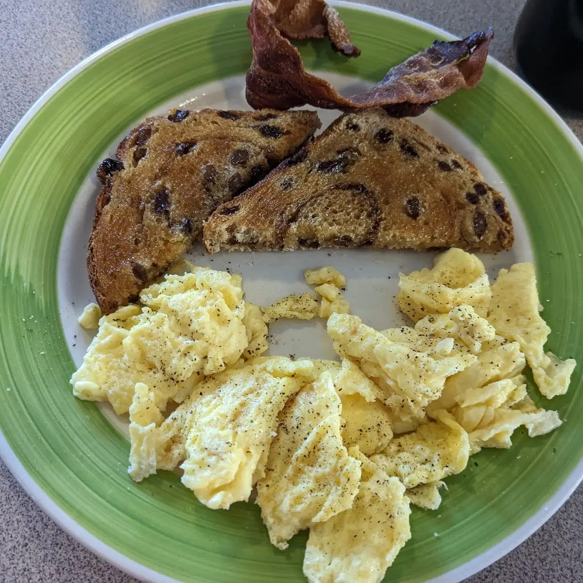 Scrambled Eggs Bacon and Raisin Toast