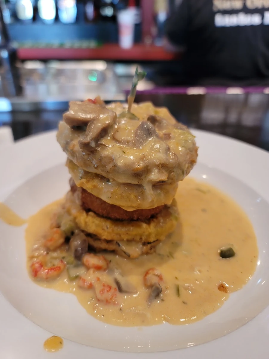 Crab Cake and Eggplant Stack with Fried Green Tomatoes and Mushroom Cream Sauce