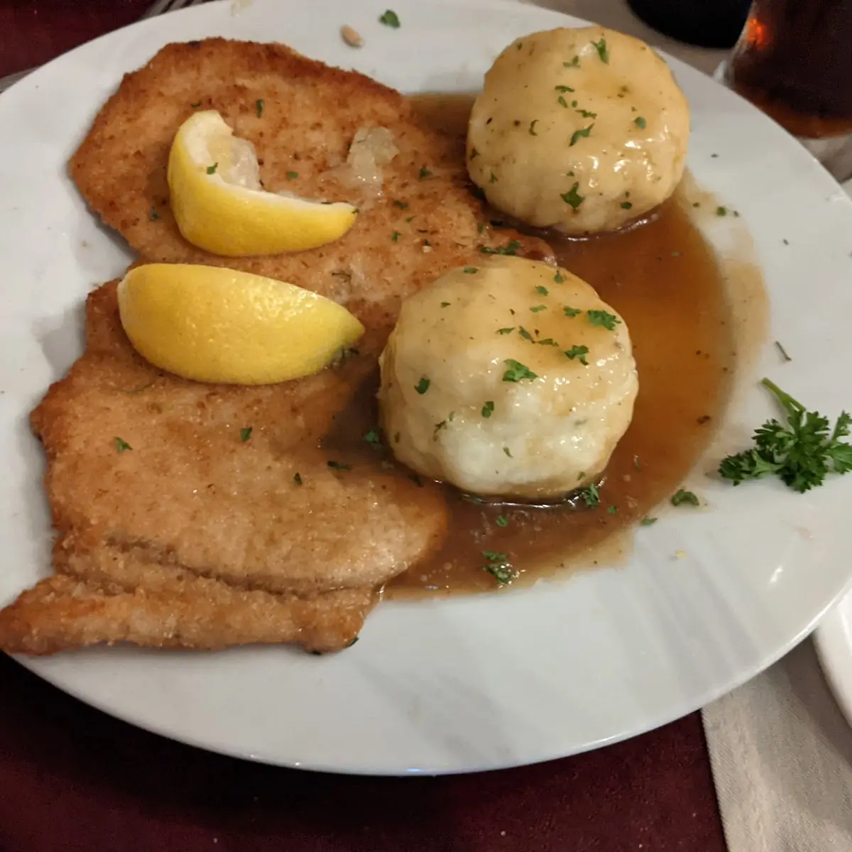 Jäger Schnitzel with Spaetzle and Red Cabbage