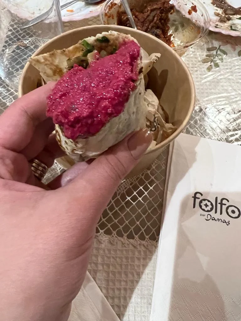 Lamb Sandwich Dipped in Beet Muhammara