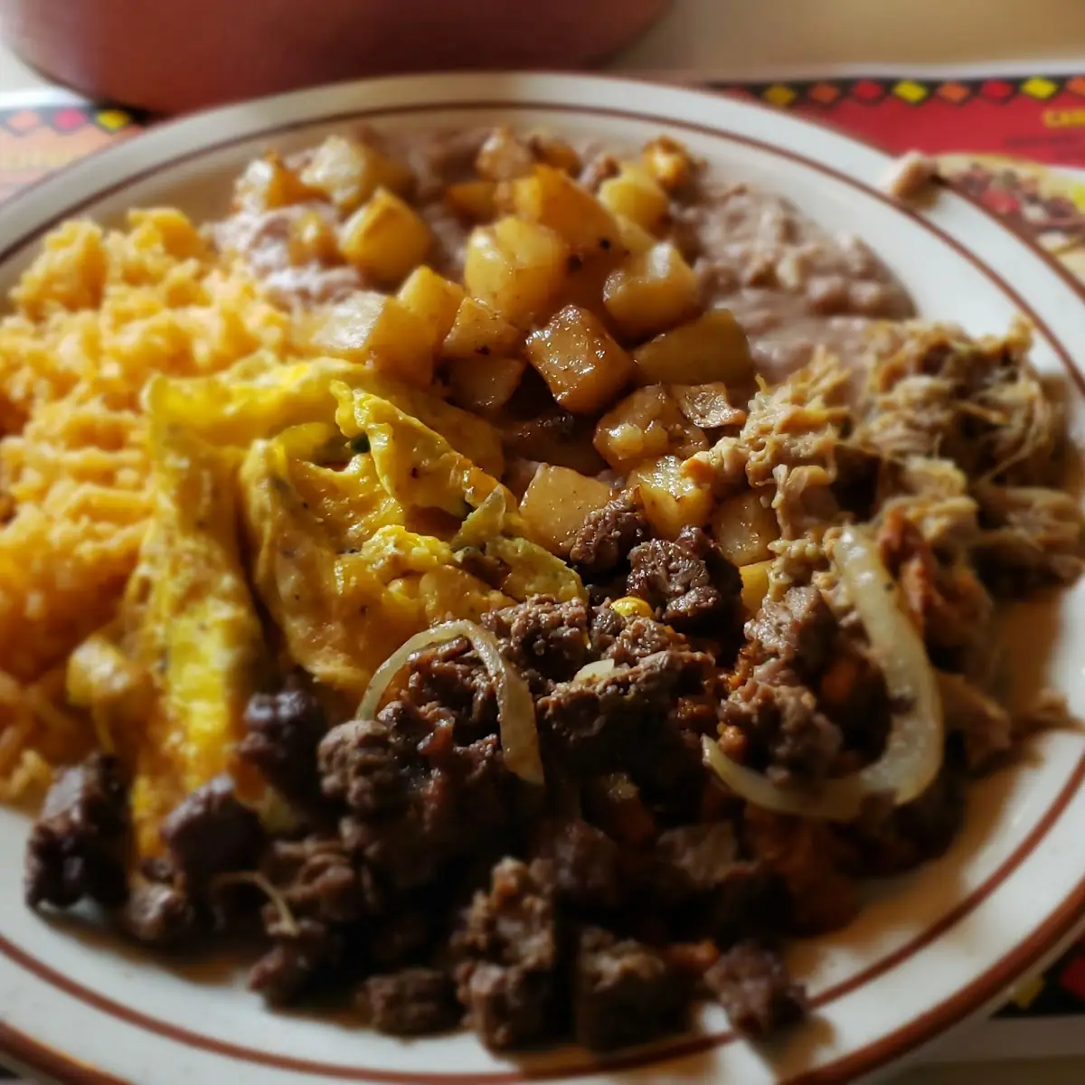 Steak Eggs Potatoes Rice and Beans