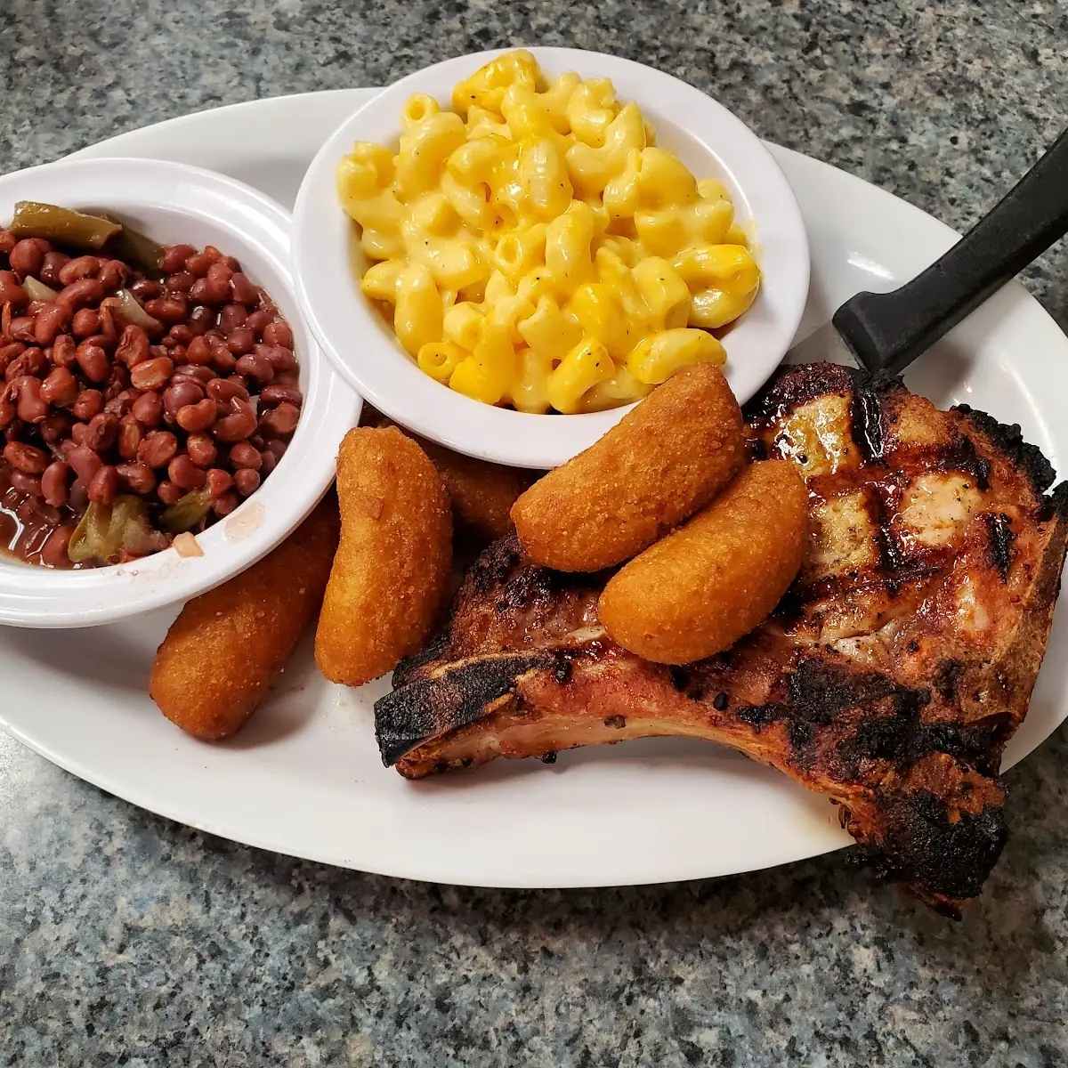 Pork Chop Field Peas and Macaroni and Cheese