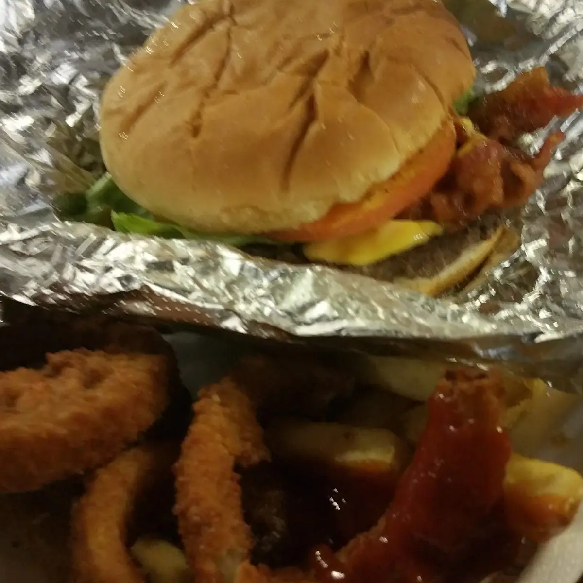 Bacon Double w Onion Rings and Nuggets