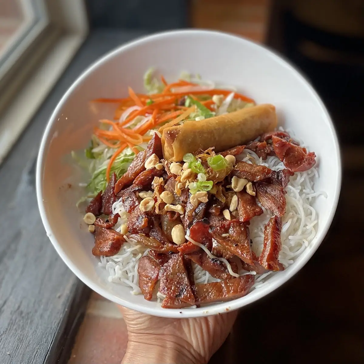 Rice Noodles with Grilled Pork and Egg Roll