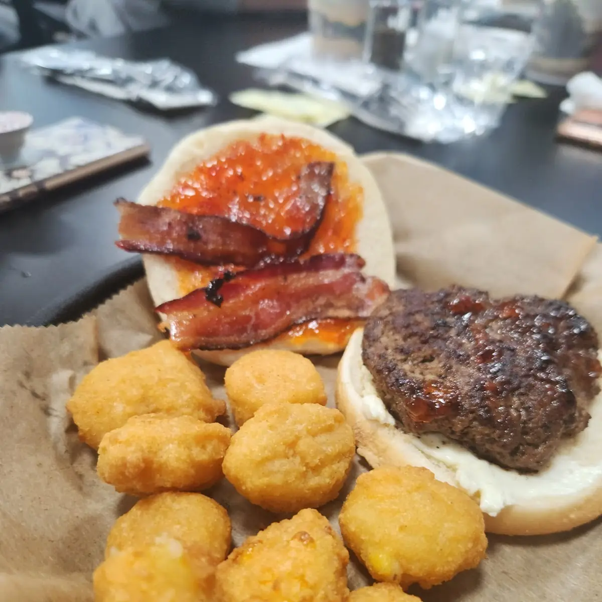 Pepper Jelly Burger with Corn Nuggets