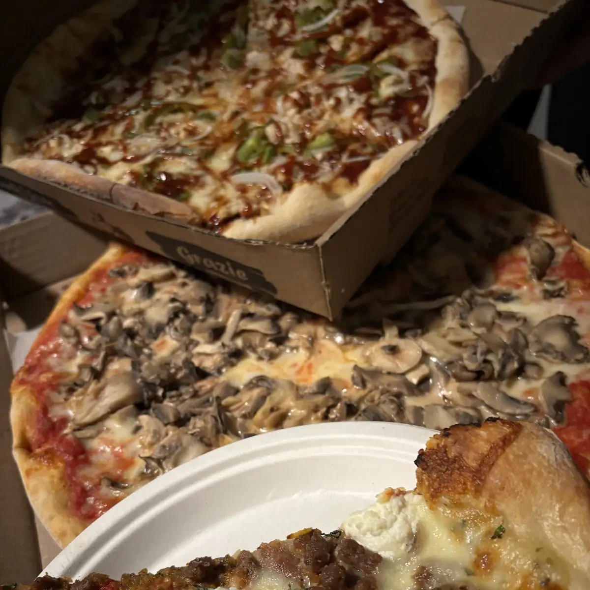 Lasagna Slice Medium Double Mushroom and Medium Philly Cheesesteak Pizza