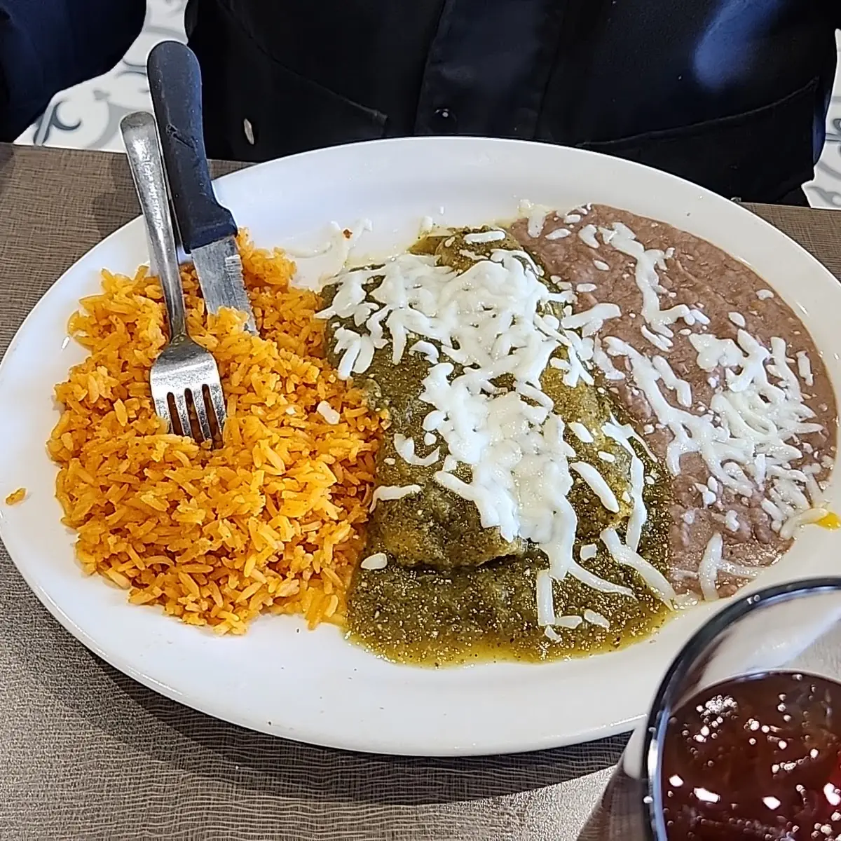 Enchiladas with Rice and Refried Beans
