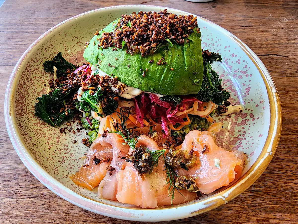 Kale Pesto Rice Bowl with Smoked Salmon, Four Ate Five