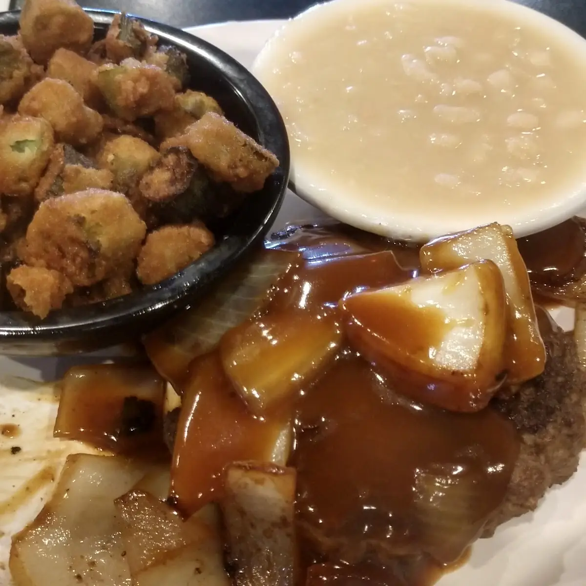 Hamburger Steak Fried Okra and White Beans and Cornbread