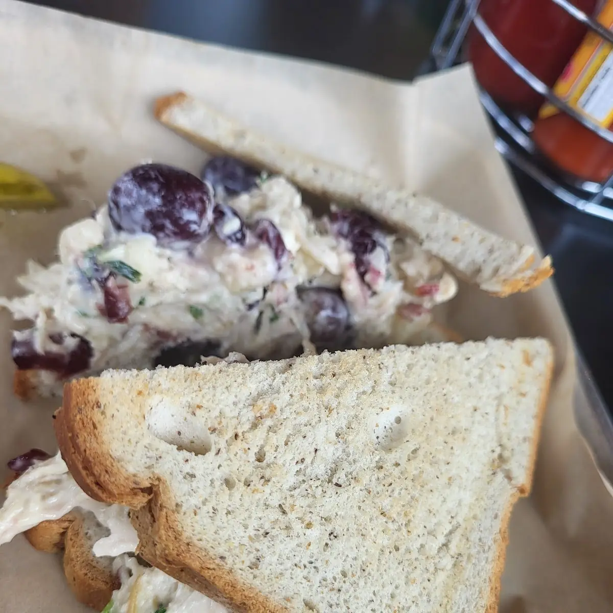 Apple Grape Chicken Salad Sandwich Half Order with Side and Pickle