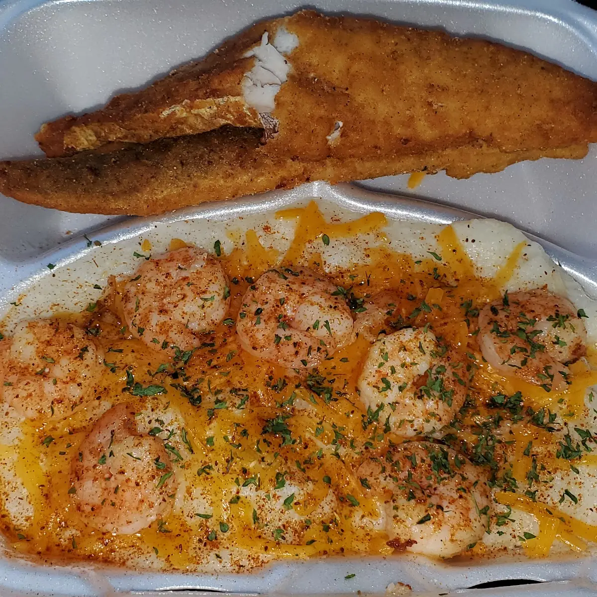 Fried Fish with Shrimp and Grits