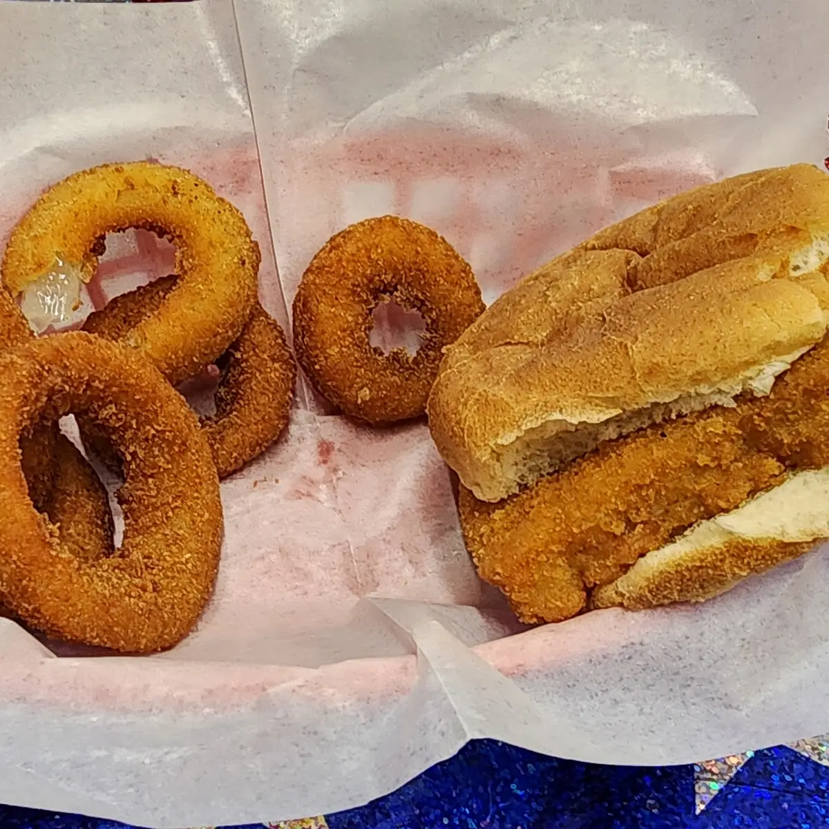 Fish Sandwich and Onion Rings