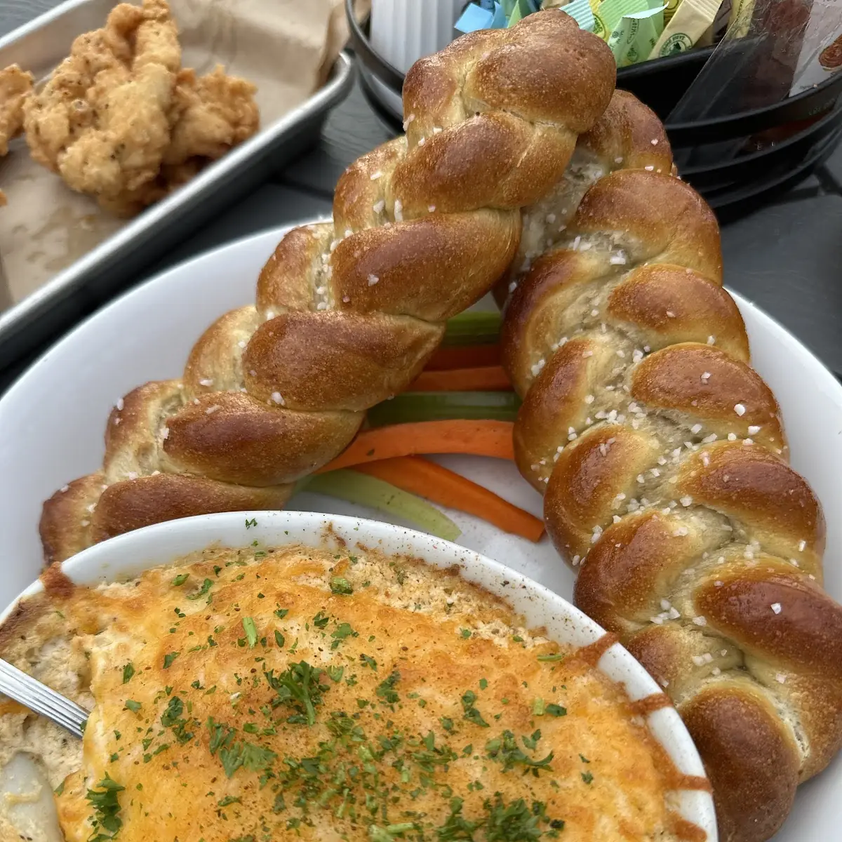 CRB Dip with Soft Pretzels Carrots and Celery