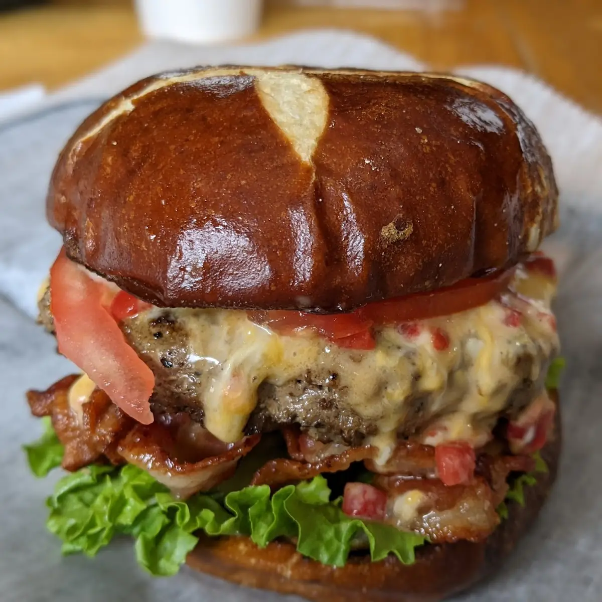 Pimento Bacon and Cheese Burger on Pretzel Roll