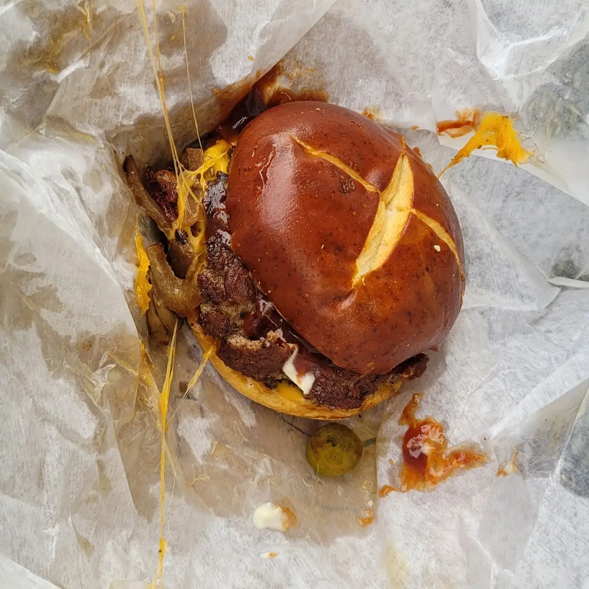 The Rodeo Burger on Pretzel Bun with Jel