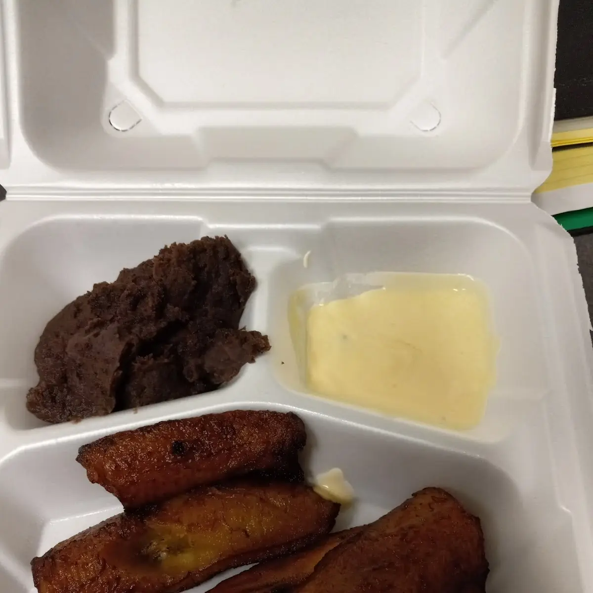 Two Eggs Fried Plantain Black Beans and Bread Dos Huevos Platanos Frojoles Frances