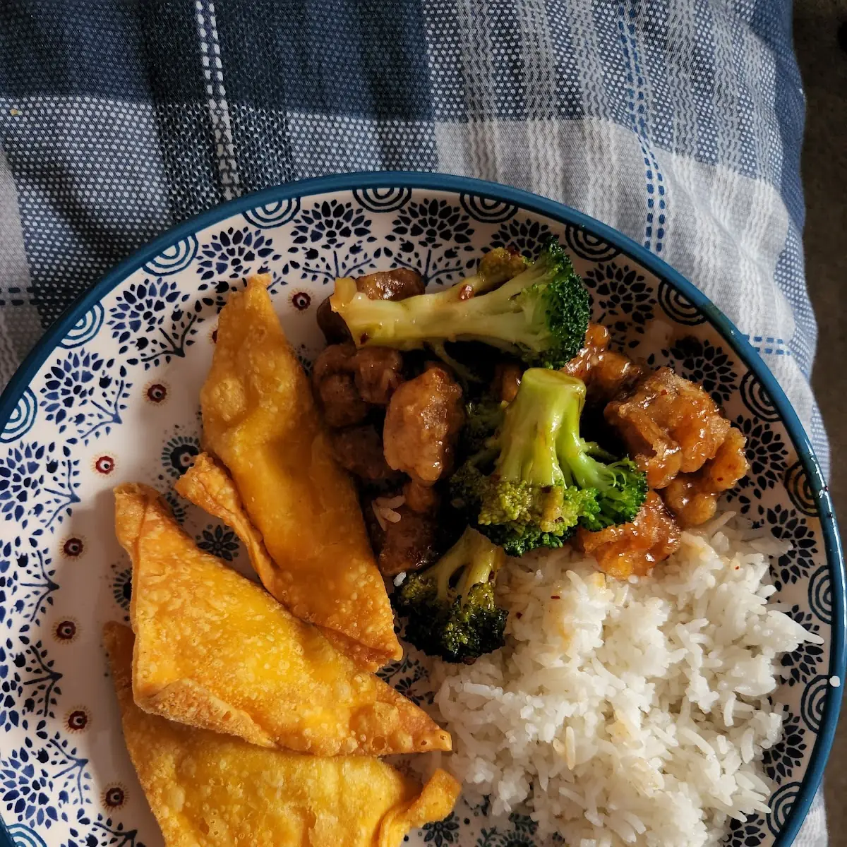 Orange Chicken and Broccoli with Crab Rangoon
