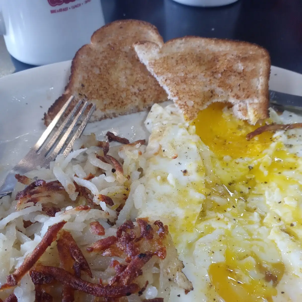 Eggs Hash Browns and Toast