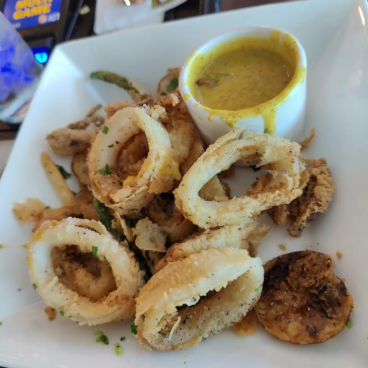 Crispy Calamari with Haricots Vert Lemon and Curry Aioli