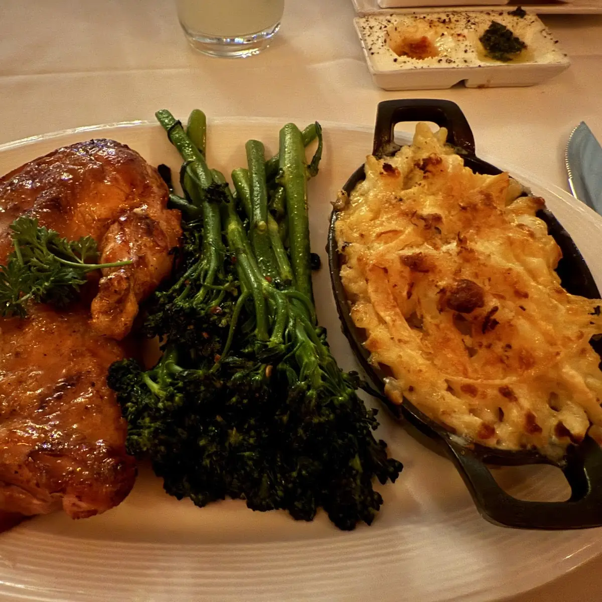 Honey Dijon Free Range Chicken with Broccolini and Mac & Cheese