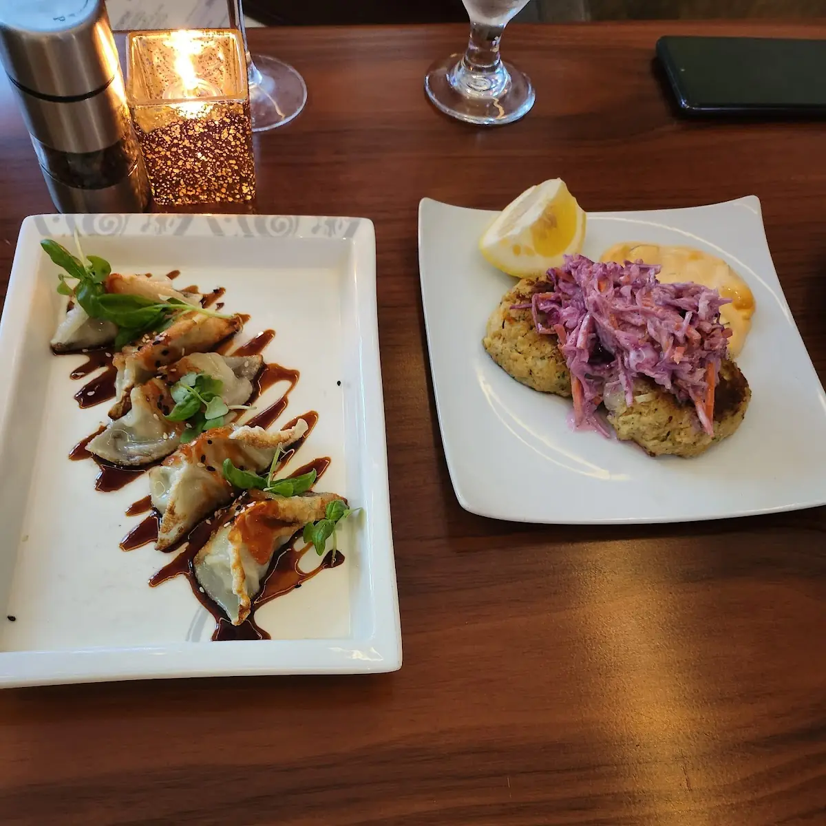 Chicken Dumplings and Crab Cakes