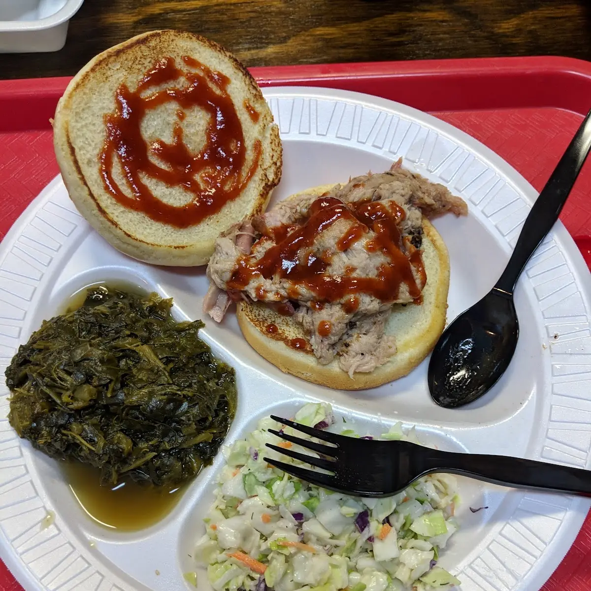 Pulled Pork Sandwich with Cole Slaw and Turnip Greens