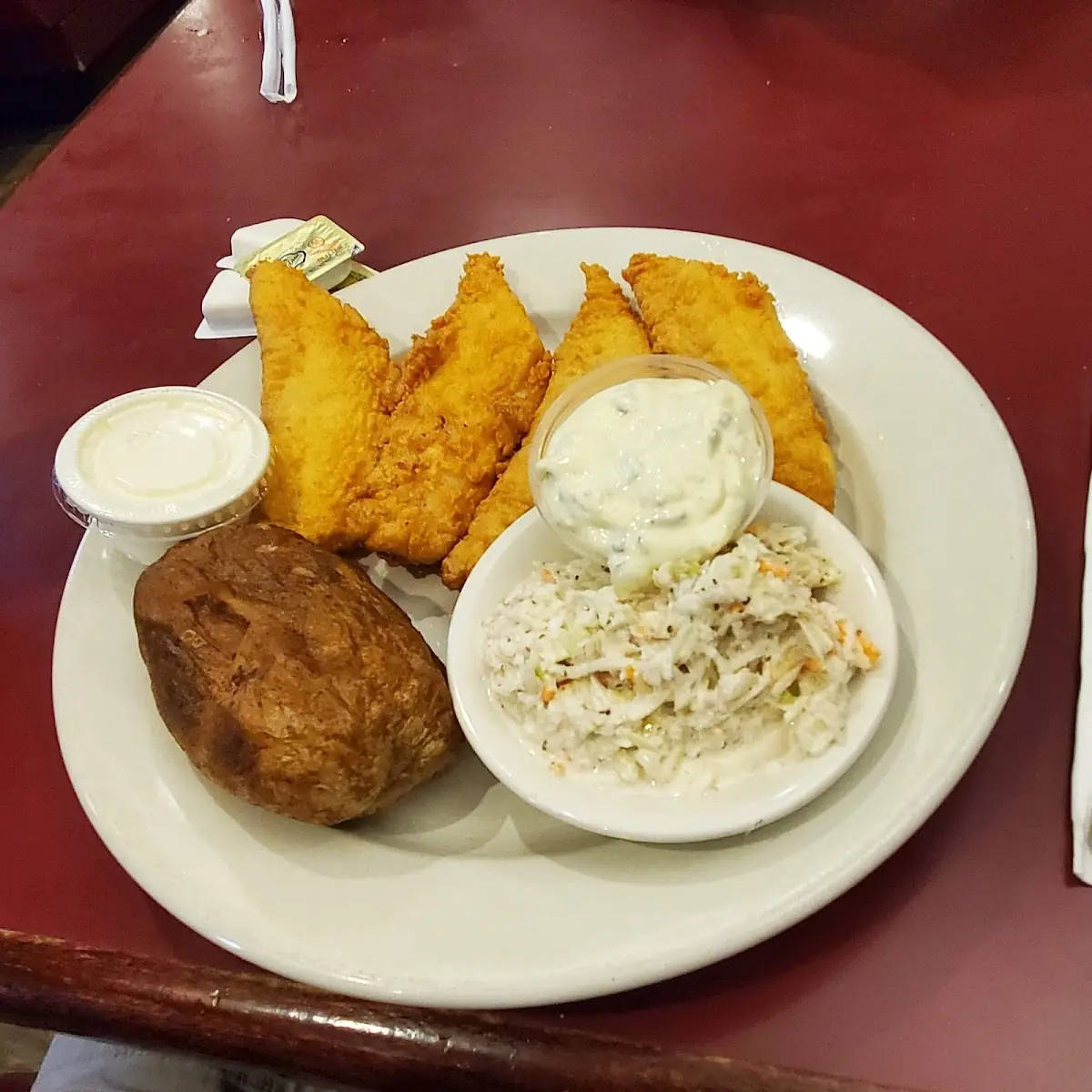 Fried Cod Baked Potatoe and Cole Slaw