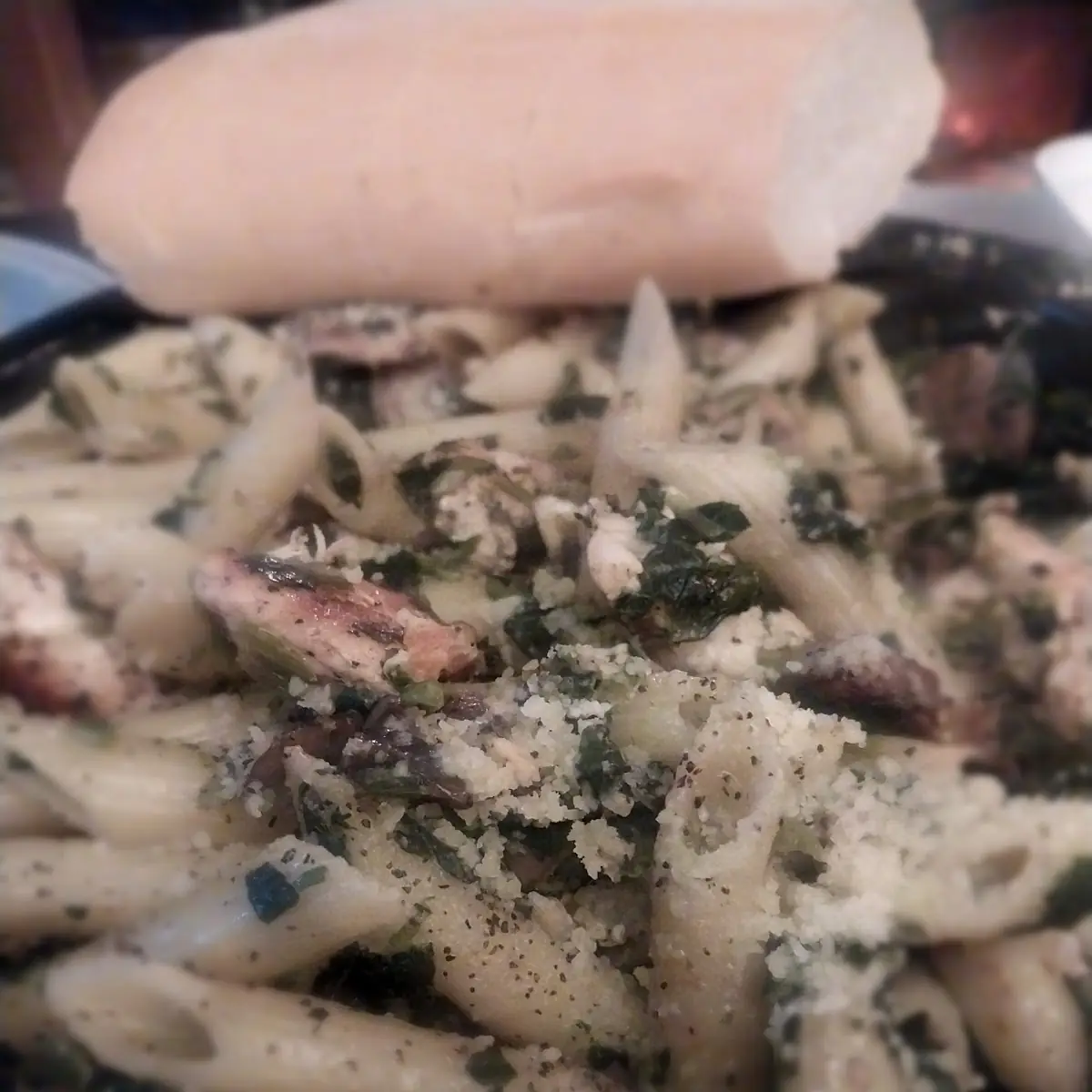 Grilled Chicken Spinach Mushrooms on Penne Pasta