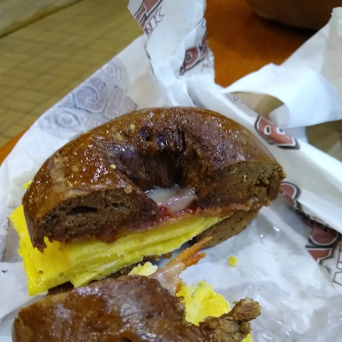 Bacon Egg and Cheese Pumpernickel Bagel