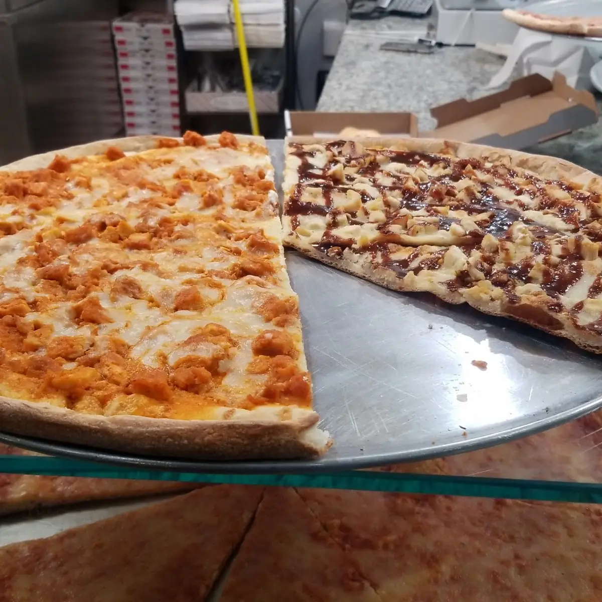 Buffalo Chicken Pizza and BBQ Chicken Pizza