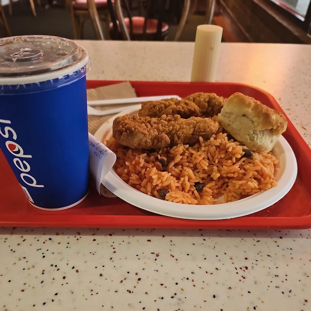 Number Two Chicken Strips and Spanish Rice with Biscuit