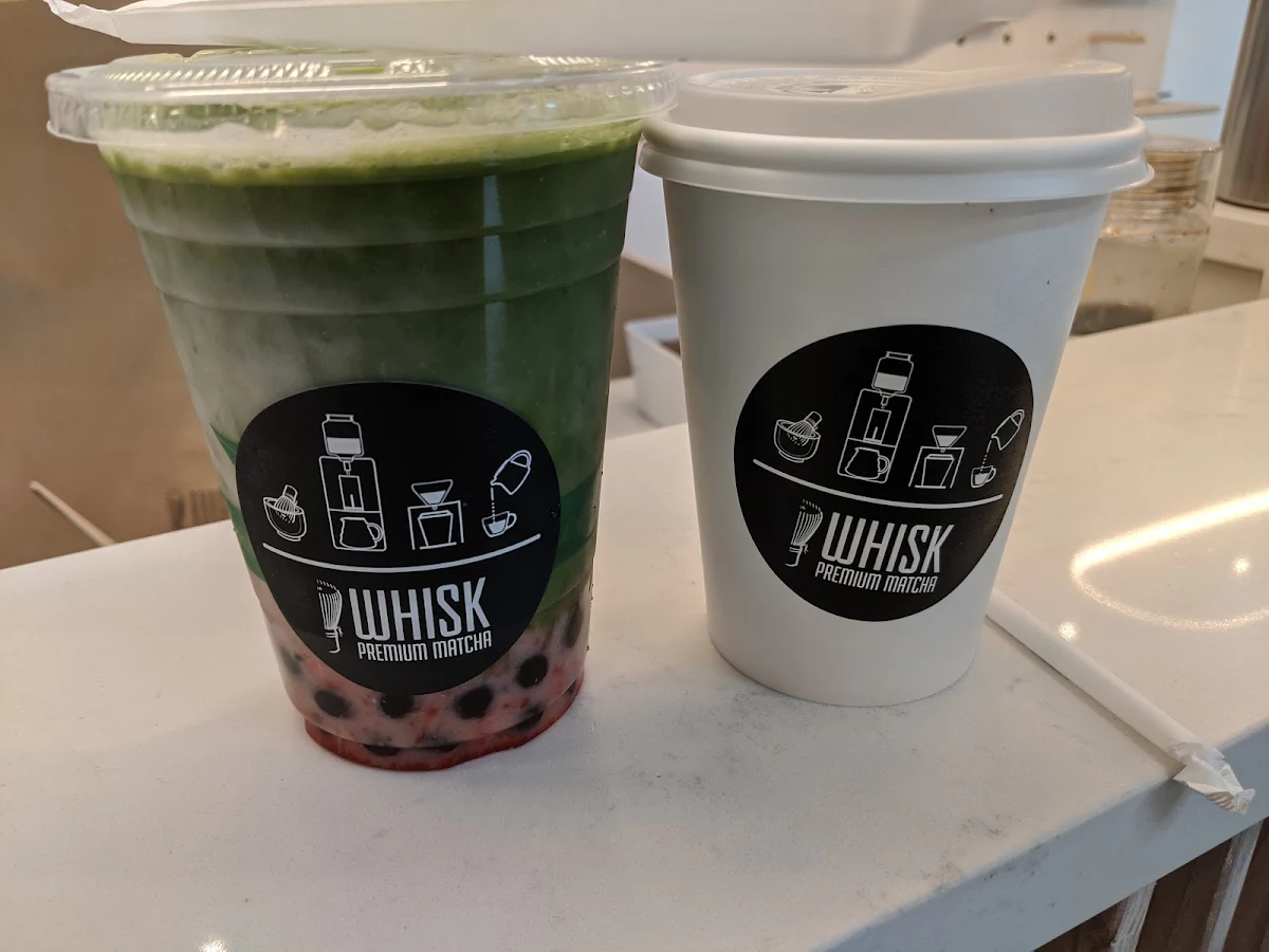 Iced Strawberry Matcha Latte and Hot Hojicha Oat Latte, Whisk Matcha Cafe