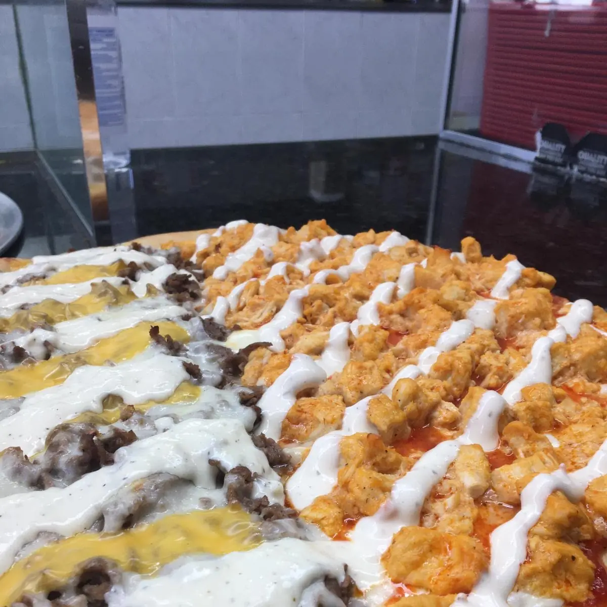 Buffalo Chicken & Philly Cheesesteak Pizza