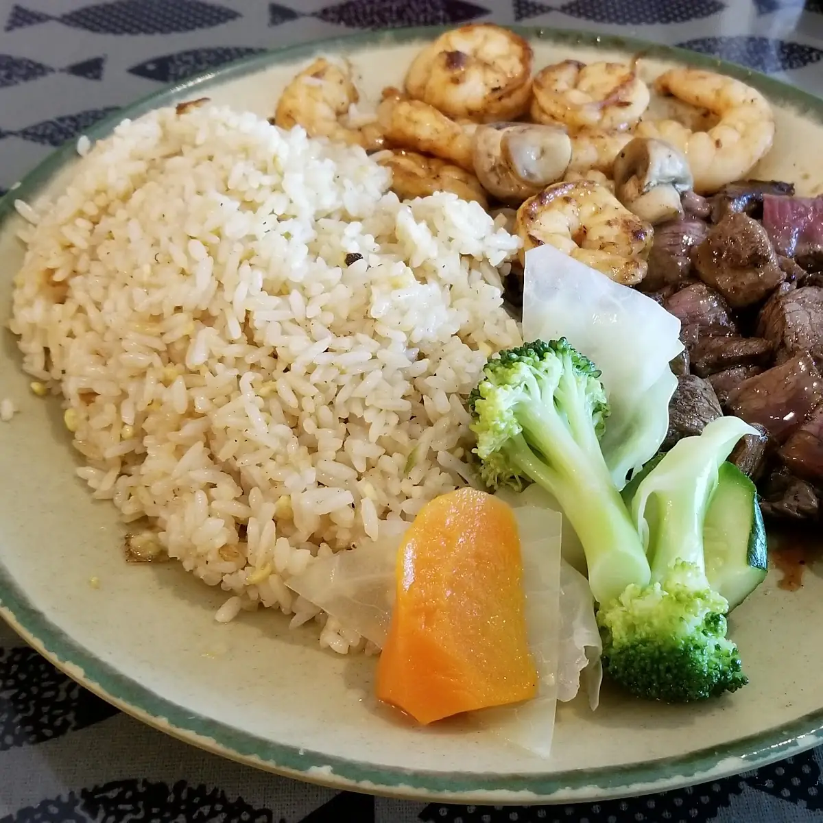 Rare Steak with Shrimp Rice and Steamed Vegetables