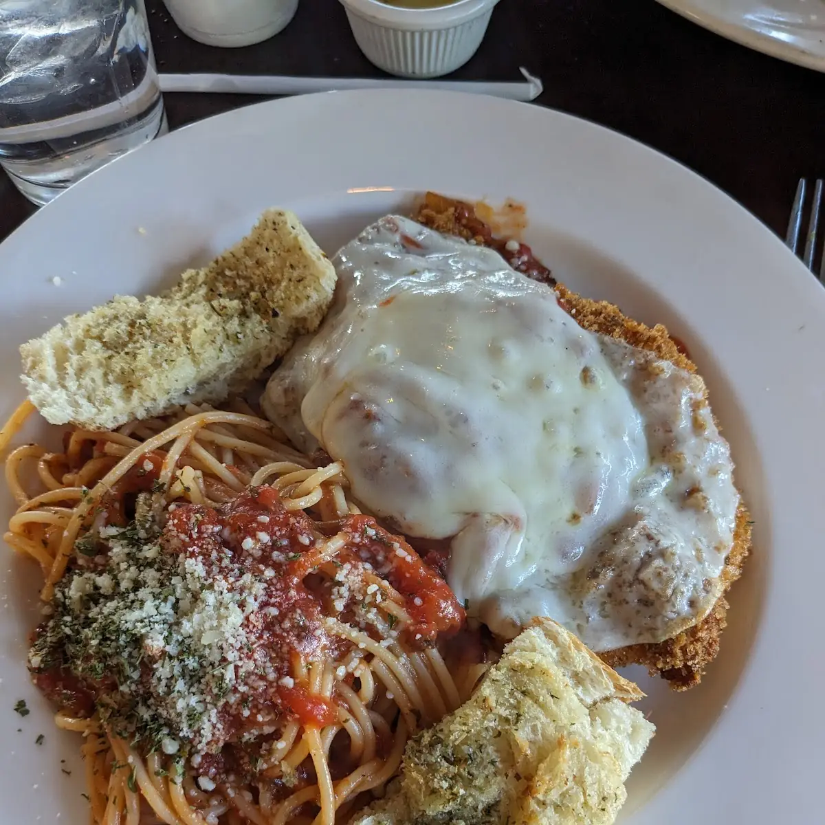 Chicken Parmesan with Spaghetti and Garlic Bread