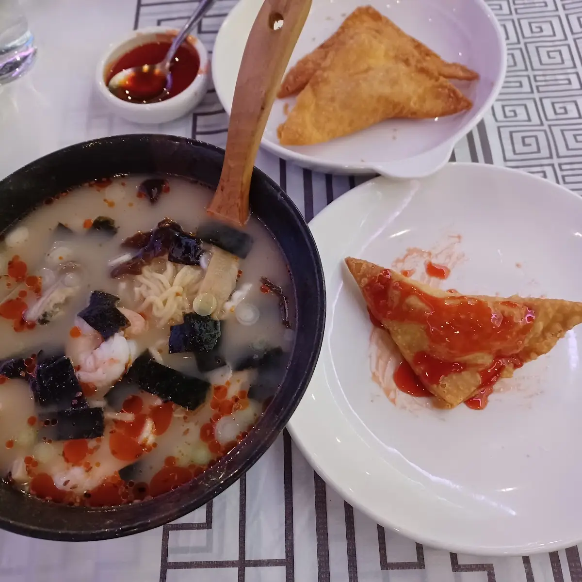 Seafood Ramen Crab Rangoon and Honk Milk Tea w Tapioca