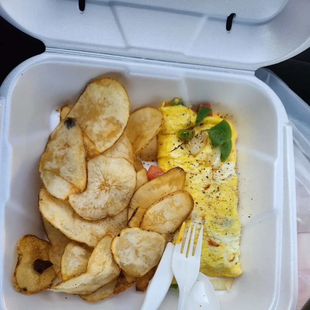 Fried Chips and a Veggie Omelet