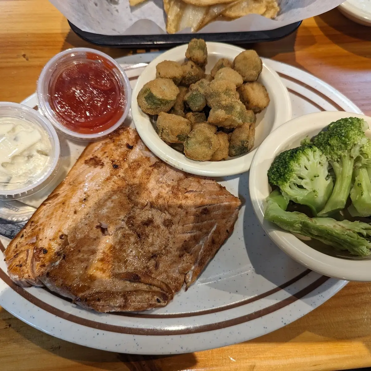 Grilled Salmon Fried Okra Steamed Broccoli