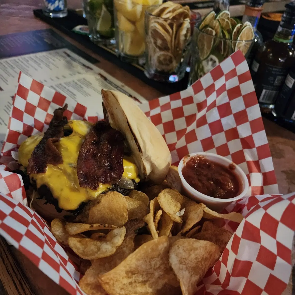 Blue Cheese Burger and a Pulled Pork Burger with House Chips and Fries