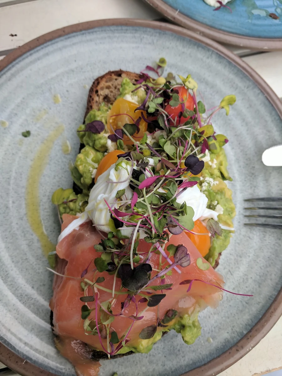 Avocado Smash with a Poached Eggs and a Side of Yougurt with Fruit