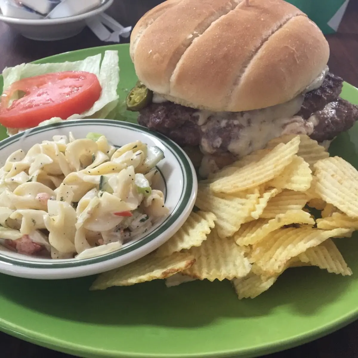 Popper Burger with Salad and Chips
