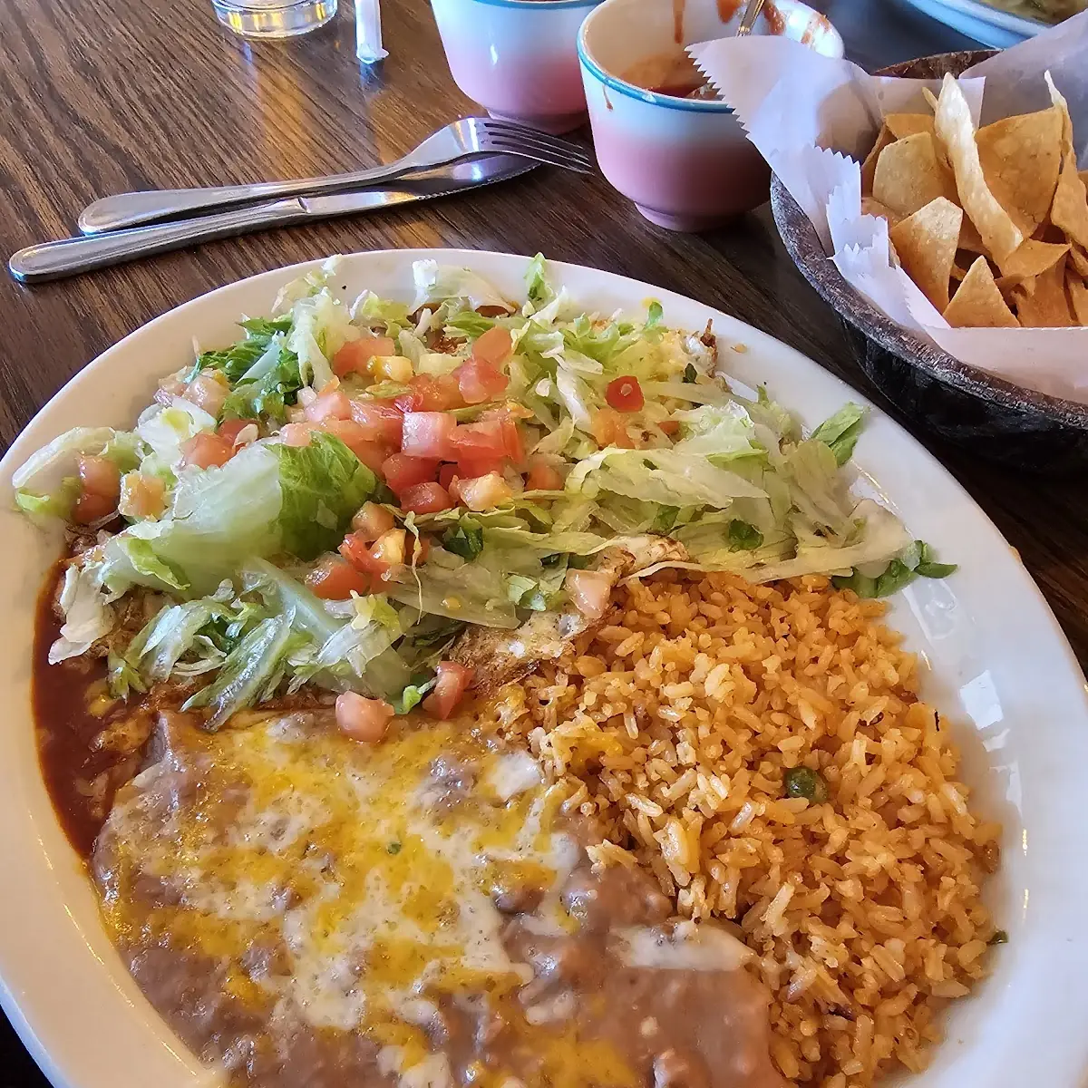 Tostada Enchilada Rice and Beans