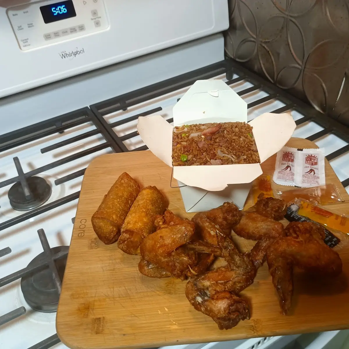 Pork Fried Rice Chicken Wing and Egg Rolls