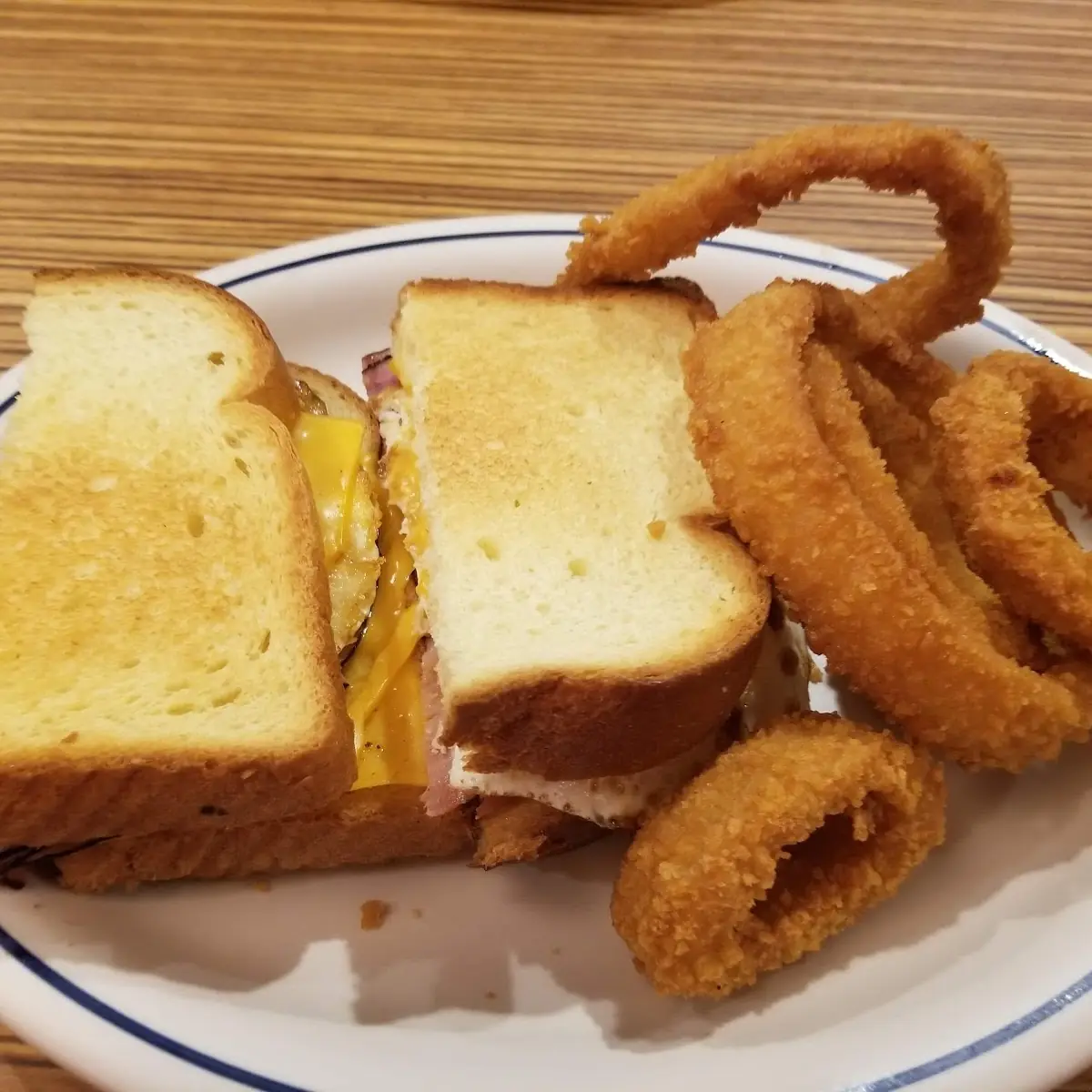 Ham Egg Cheese Melt with Onion Rings