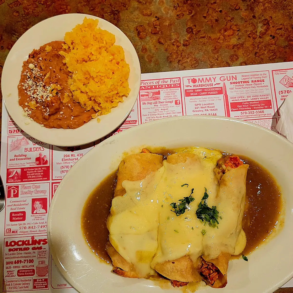 Enchiladas Suizas with Yellow Rice and Beans