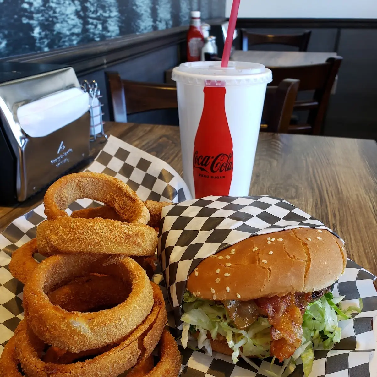 1 3 lb Bacon Burger Onion Rings and Rootbeer