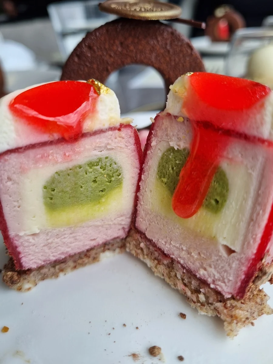 Green Tea Sphere with Creme Strawberry and Hazelnut Dacquois, High Tea at Pan Pacific Melbourne