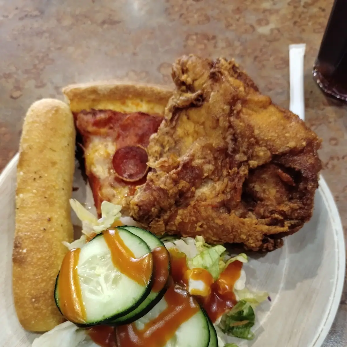 Fried Chicken Salad Pairing Pizza and a Breadstick