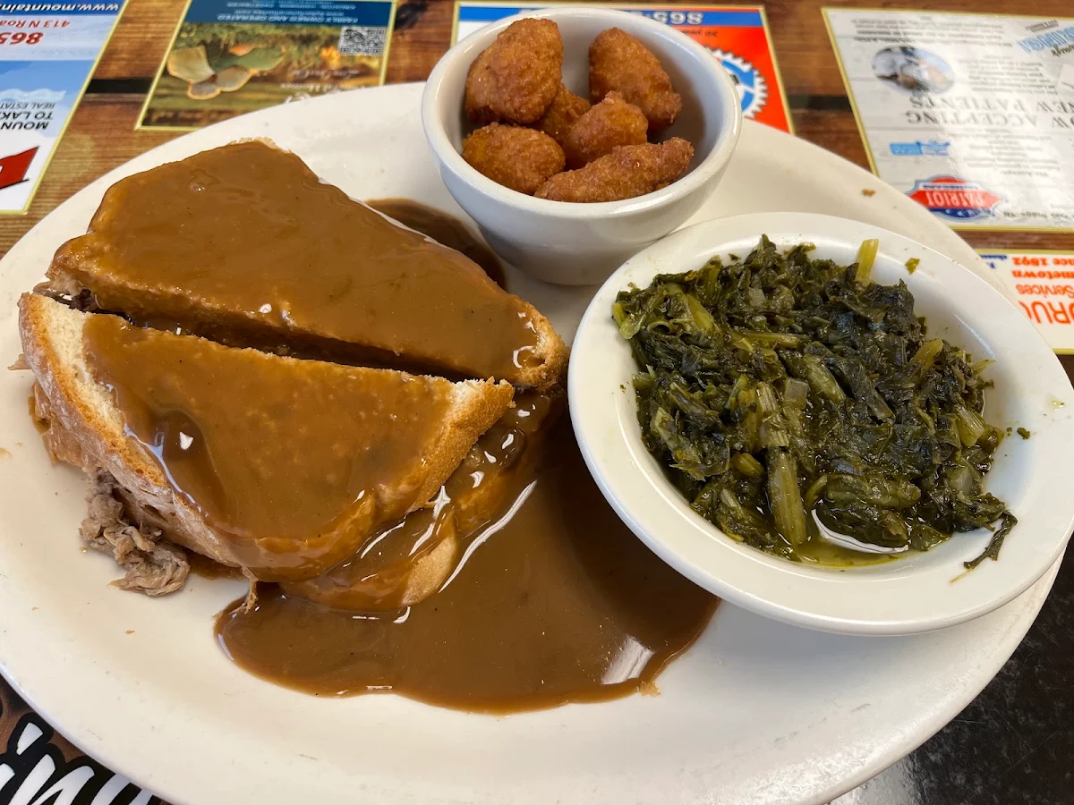 Open Faced Roast Beef with Turnip Greens and Corn Nuggets